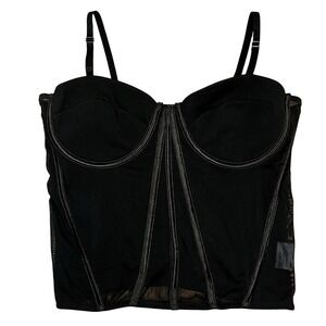 Love University Womens Black Mesh Zip Bustier Corset Sz L Adjustable Strap Goth